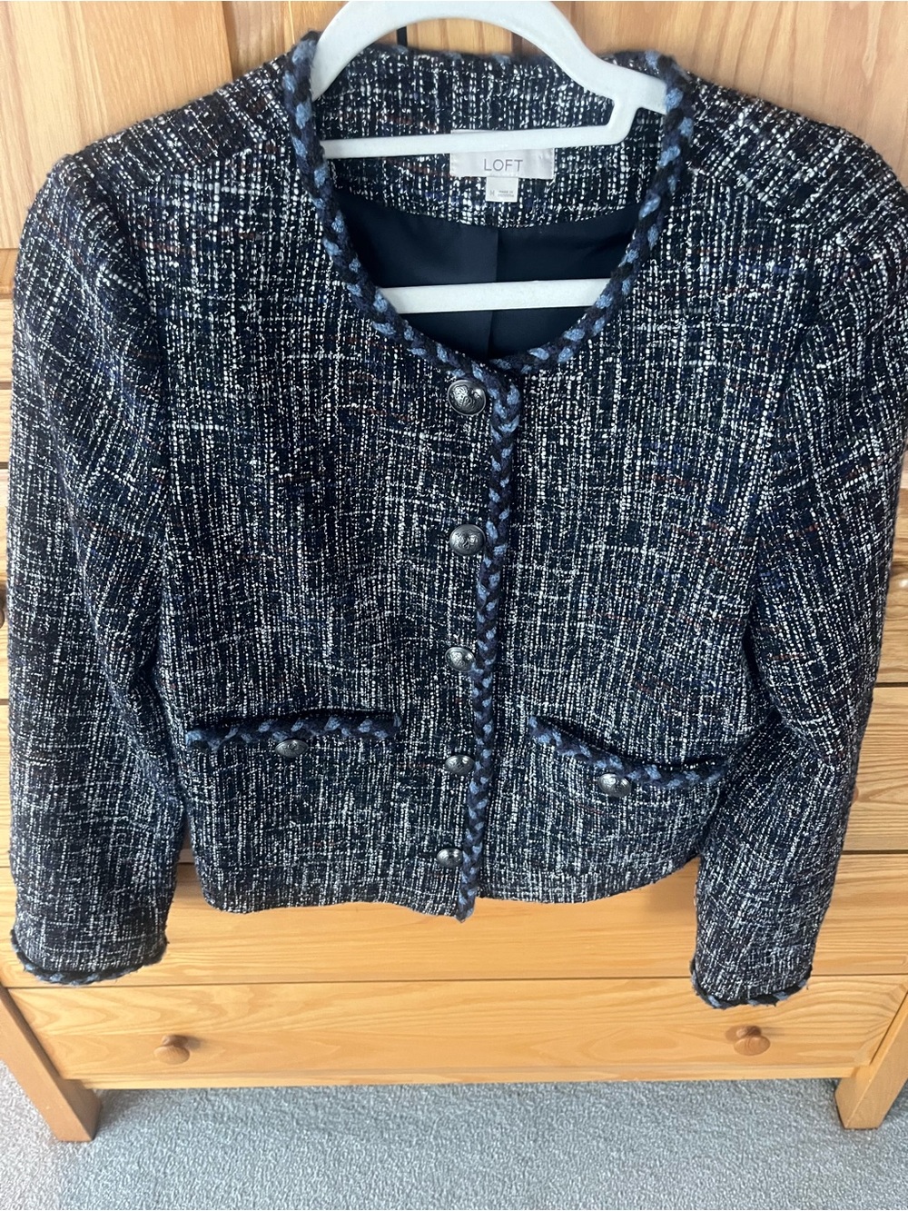 LOFT Navy & White Tweed Cropped Blazer with Braid Trim